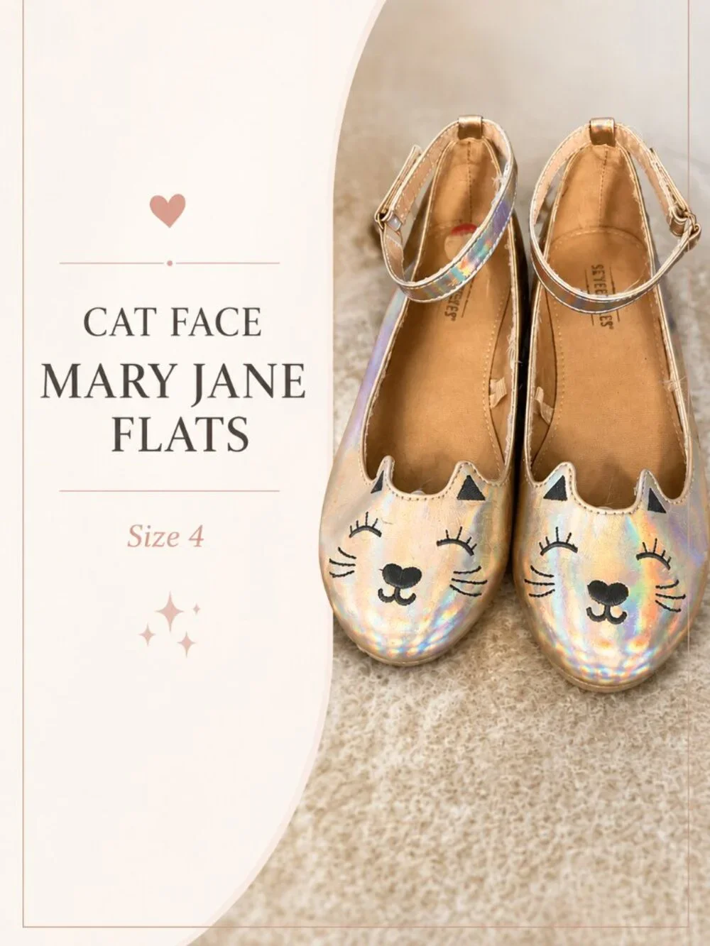 Wonder Nation Girls Cat Face Flats Holographic Mary Jane Shoes Size 4